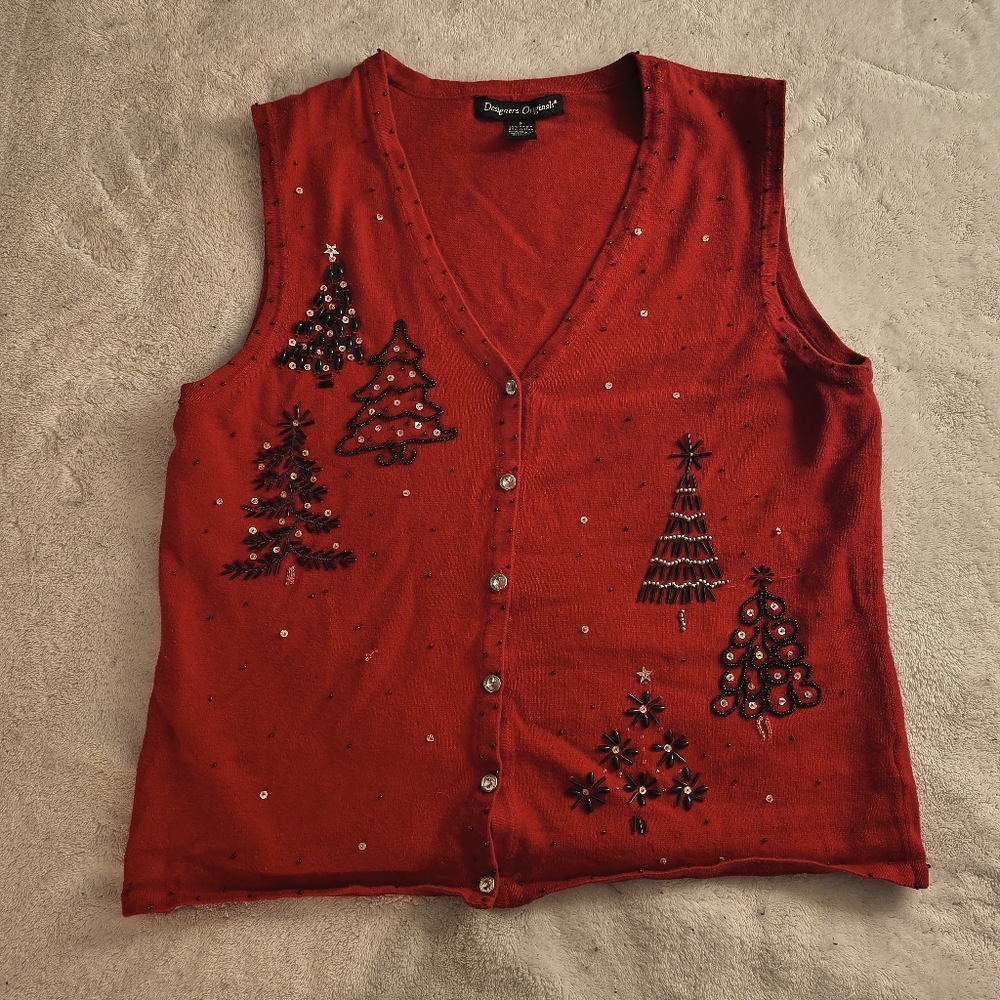 Designers Originals Christmas Holiday Tree Beaded Sweater Vest